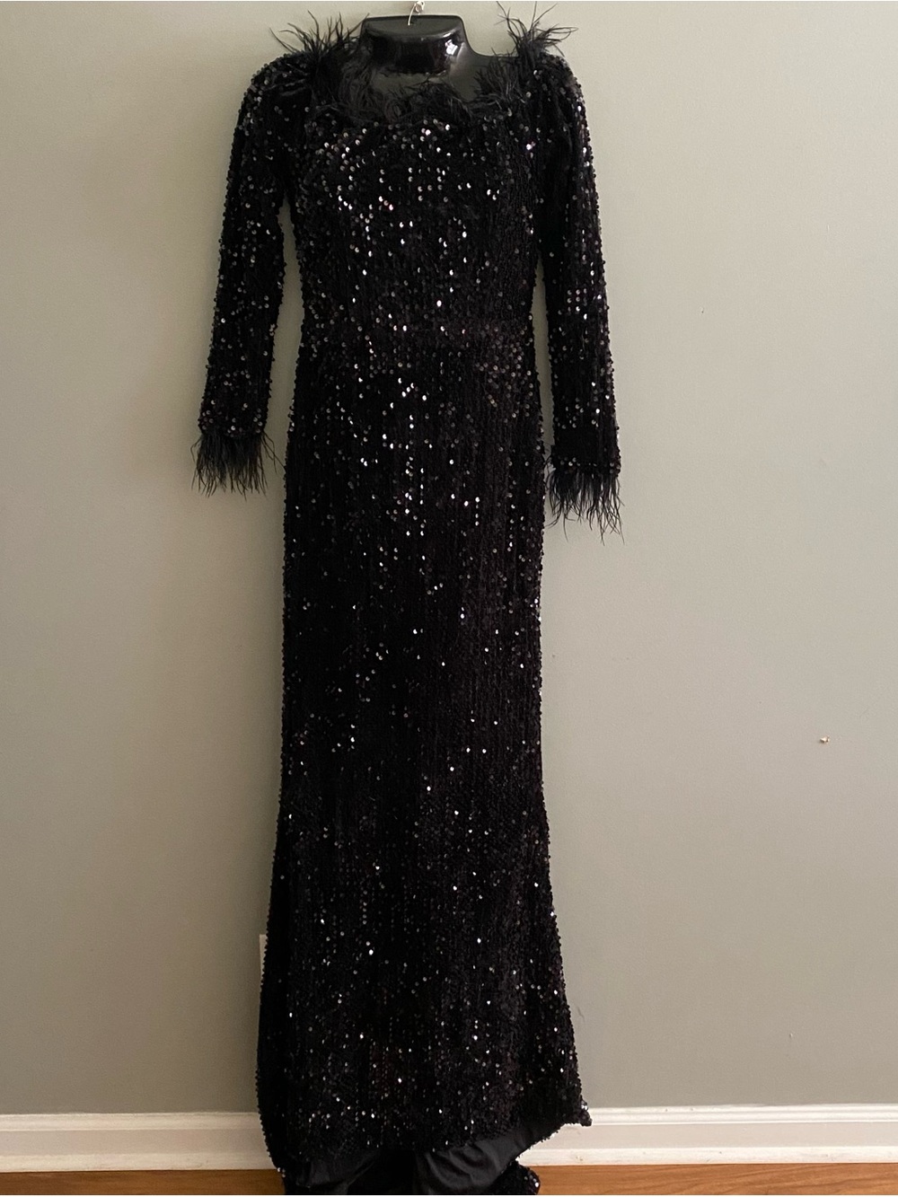 Miss Ord Black Sequin Feather Trim Evening Gown Size S